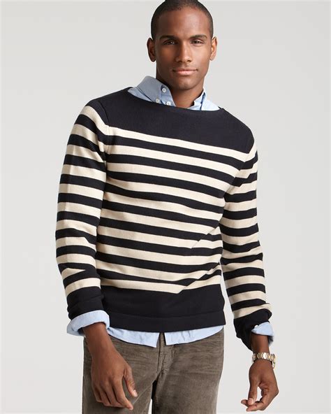 michael kors stripe crewneck sweater beige|Striped Cotton Crewneck Sweater .